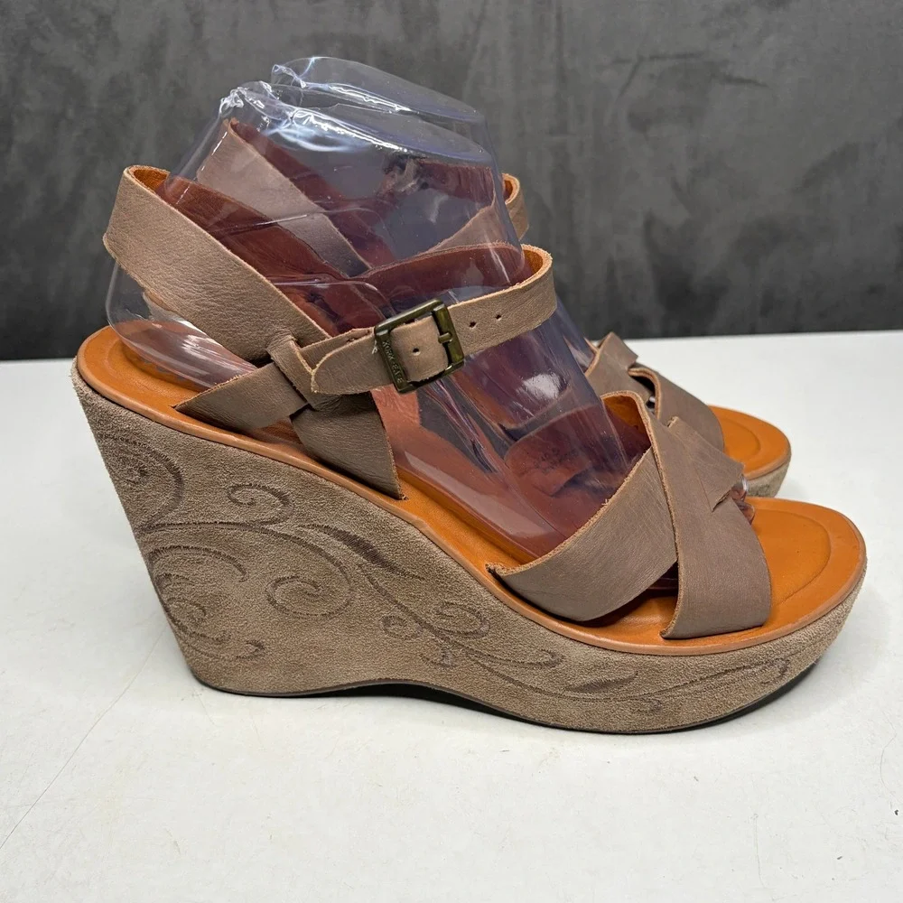 Kork-Ease Wedge Sandals Womens 9 Brown Leather Embroidered Platform Ankle Strap